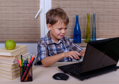 boy at desk with laptop and books